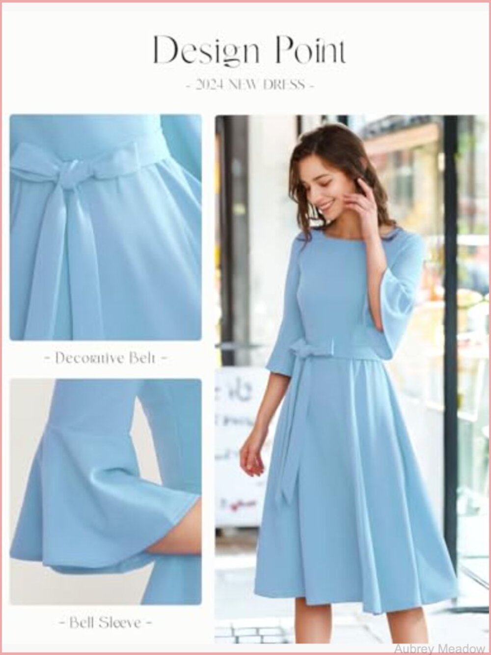 Vintage Bell Sleeve Swing Midi Dress with Belt for Church Wedding Cocktail - Picture 4 of 7